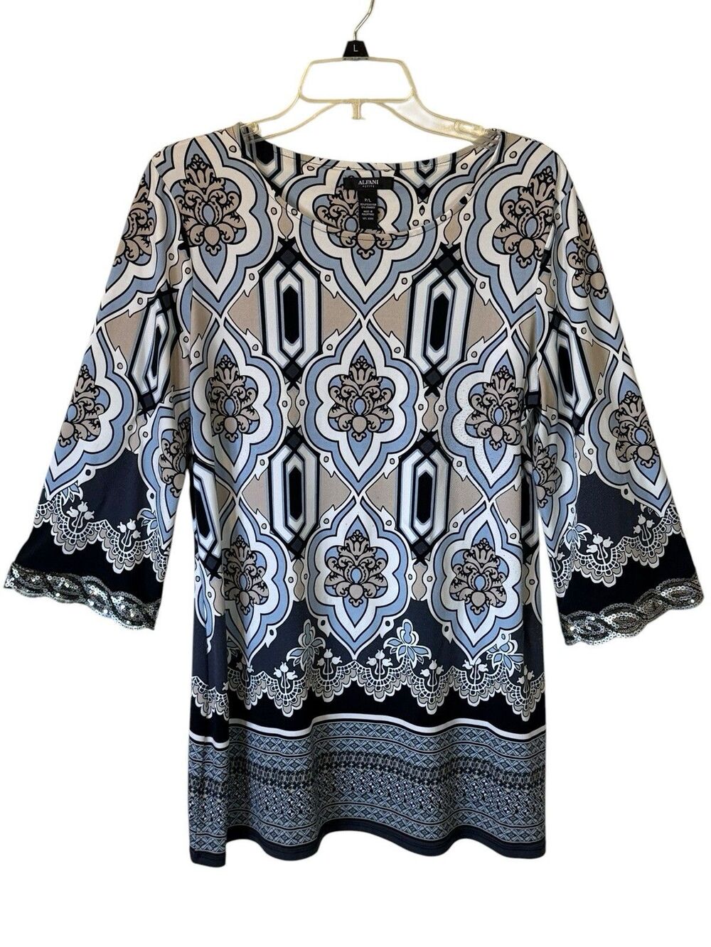 Alfani Women’s Mini Dress Tunic Blue Black Beige Long Sleeve Size LP